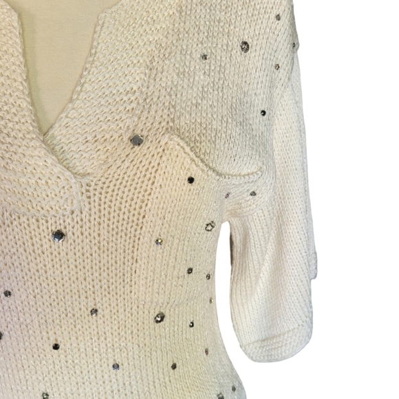 80's Nannel Cream and Rhinestone Open Weave Short Sleeve Sweater - Picture 4 of 7